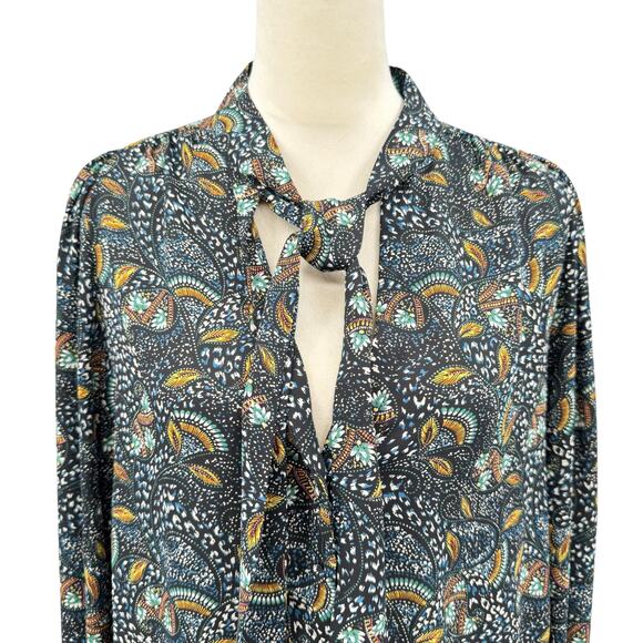 Evereve Charlie Neck Tie Teal Multicolor Printed Long Sleeve Chiffon Blouse - Picture 5 of 12